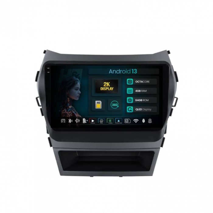 Navigatie 2K Hyundai Santa Fe IX45 (2013-2017) 4GB RAM Android 13 Octacore Slot Sim 4G DSP GPS Wi-FI Carplay Android Auto USB Bluetooth Waze Touchscre