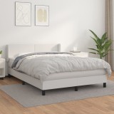 VidaXL Pat box spring cu saltea, alb, 140x190 cm, piele ecologică