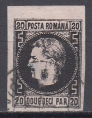ROMANIA 1866/1867 LP 20 c CAROL FAVORITI 20 PARALE NEGRU/ROZ HARTIE SUBTIRE STAMPILAT
