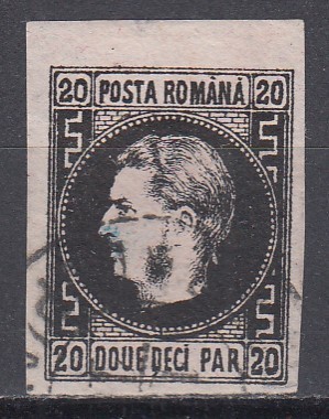 ROMANIA 1866/1867 LP 20 c CAROL FAVORITI 20 PARALE NEGRU/ROZ HARTIE SUBTIRE STAMPILAT foto