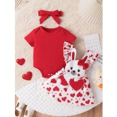 Set sarafan alb cu inimioare si body rosu (Marime Disponibila: 9-12 luni
