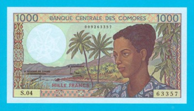 Bancnotă Insulele Comore (pick 11) 1000 Francs 1986 UNC serie: S.04 63357 foto