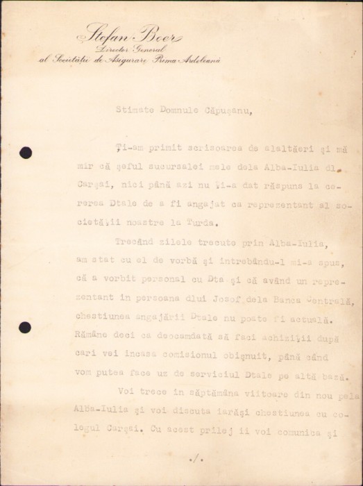 HST A1825 Semnătură olografă Ștefan Boer 1941 director general Prima Ardeleană