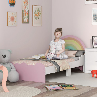 ZONEKIZ Cadru Pat Pentru Copii Mici, Mobilier Dormitor Copii Design Curcubeu Pentru Copii Cu Varsta Cuprinsa Intre 3-6 ani, 143 x 74 x 66 cm, Roz foto
