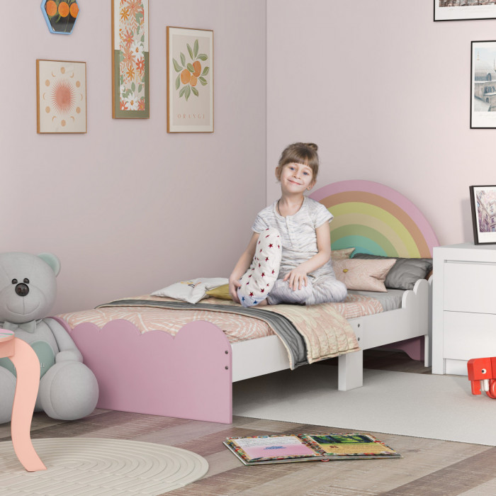 ZONEKIZ Cadru Pat Pentru Copii Mici, Mobilier Dormitor Copii Design Curcubeu Pentru Copii Cu Varsta Cuprinsa Intre 3-6 ani, 143 x 74 x 66 cm, Roz