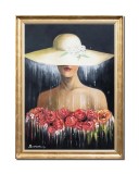 Cumpara ieftin Tablou tanara cu palarie pictat manual inramat, Eleganta, 80x60cm ulei pe panza, rama din lemn auriu antichizat