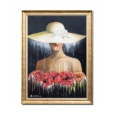 Tablou tanara cu palarie pictat manual inramat, Eleganta, 80x60cm ulei pe panza, rama din lemn auriu antichizat