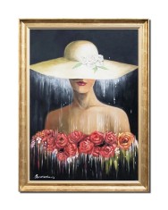 Tablou tanara cu palarie pictat manual inramat, Eleganta, 80x60cm ulei pe panza, rama din lemn auriu antichizat foto