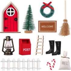 Set 12 mini decoratiuni pentru Craciun, lemn, plastic, multicolor