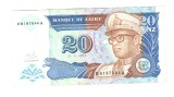 Bancnota Zair 20 nouveaux zaires 24 iunie 1993, circulata, stare foarte buna