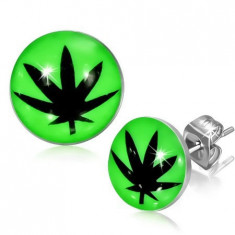 Cercei cu șurub din oțel, smalț, frunză neagră de marijuana, fond verde