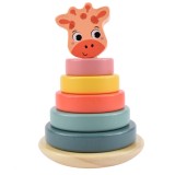 Jucarie Montessori educativa si interactiva, piramida turn de constructie sau stivuit din lemn cu 5 inele, model girafa, NippleBaby