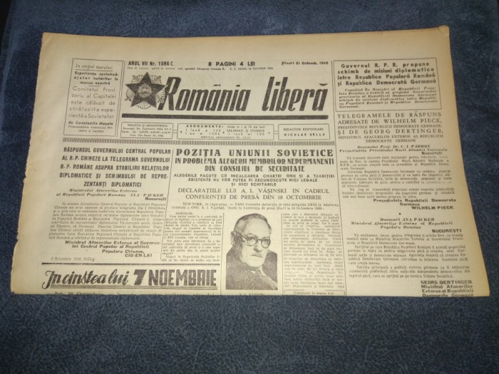 ZIARUL ROMANIA LIBERA 21 OCTOMBRIE 1949