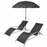 Șezlonguri de plajă cu umbrelă, negru, aluminiu, vidaXL