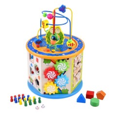 Cub activitati educative copii, 8 in 1, Ceas, Labirinturi, Abac, Forme geometrice, multicolor, lemn