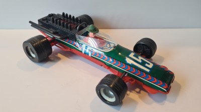 Jucarie veche colectie, masinuta curse formula 1, motor frictiune cu scantei; din tabla litografiata, plastic, VEB Presto DDR, RDG, sfarsit anii &amp;#039;70 foto