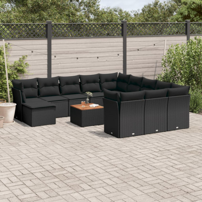 Set mobilier de gradina cu perne, 13 piese, negru, poliratan