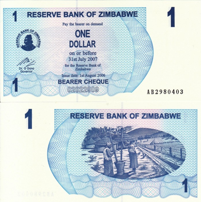 ZIMBABWE 1 dollar 2006 BEARER CHEQUE UNC!!!