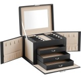 SONGMICS Cutie de bijuterii cu 4 nivele, 3 sertare, oglinda si incuietoare, 18x23x17cm, negru Household NewTrend