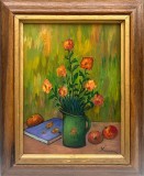 Tablou Mircea Popescu Natură Statică cu Flori Rosii pictura ulei inramata 43x53 cm