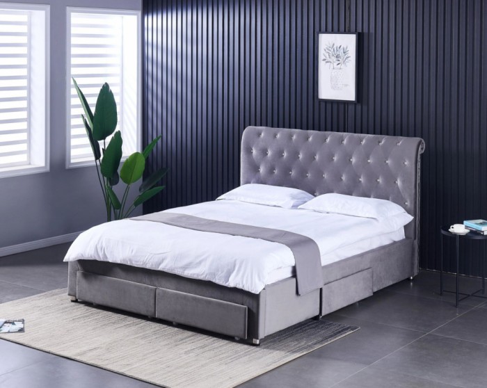 Pat 160x200 cm Sunday Gri cu 4 sertare Tapitat Catifea Somiera Inclusa