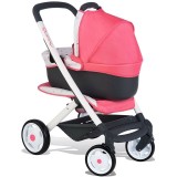 Carucior Papusi Smoby Quinny Combi 3 in 1 Roz, Landou + Sport, Roti Pivotante, Maner 65.5 cm, 3 ani+