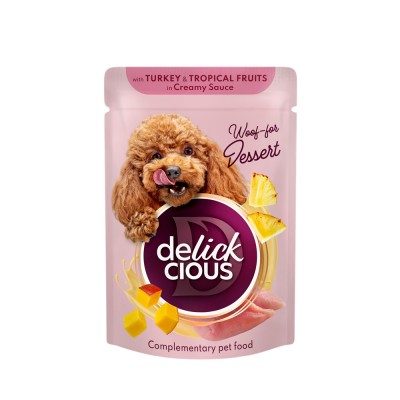 DELICKCIOUS, Bucati de carne de curcan si fructe tropicale in sos cremos, pentru caini, 80g foto