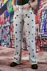 F926-100 Blugi drepti cu talie inalta model brodat &quot;Mickey&quot;