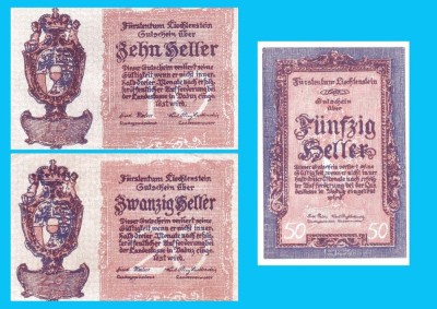 Liechtenstein Set 3x (p#1+2+3) 10+20+50 Heller 1920 Singurele Bancnote Emise Vreodata foto