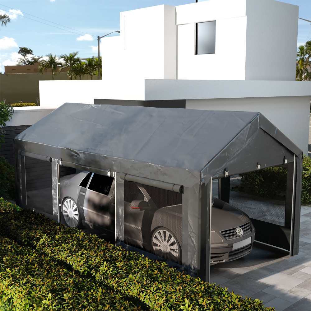 Outusunny Carport 3 x 6m, Garaj portabil cu inaltime reglabila, Copertina  tip cort pentru exterior cu 4 ferestre din plasa, 4 usi, pentru masina,  cami, Outsunny | Okazii.ro