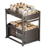 Cumpara ieftin Raft organizator cu 2 sertare glisante, Otel inoxidabil, Suport anti cadere, Pentru bucatarie, Masca chiuveta, Baie, Living, Dulap, Negru, Versatyx