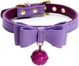 Guler cu papion si clopotel pentru caini Mcdobexy, piele PU/metal/ textil, mov/auriu,XXS, 17-23 cm