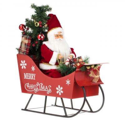 Figurină Decorativă Crăciun, Model Sanie cu Moș Crăciun, Iluminare LED, Culoare Roșu, &amp;Icirc;nălțime 49cm foto