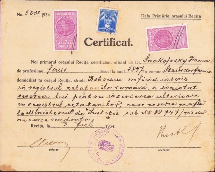 A1432 Certificat privitor la cetățenia rom&acirc;nă, 1934, Reșița