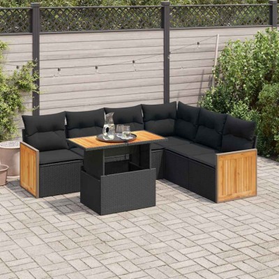 vidaXL Set canapele grădină perne 7 piese negru, poliratan/lemn acacia 3327716 foto