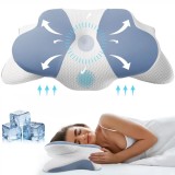 Perna Ortopedica Cervicala pentru dormit Linomag&reg;, Spuma cu Memorie, Husa lavabila, Suport pentru cap, gat, umeri si brate, Alb/Albastru pastel, 40 x