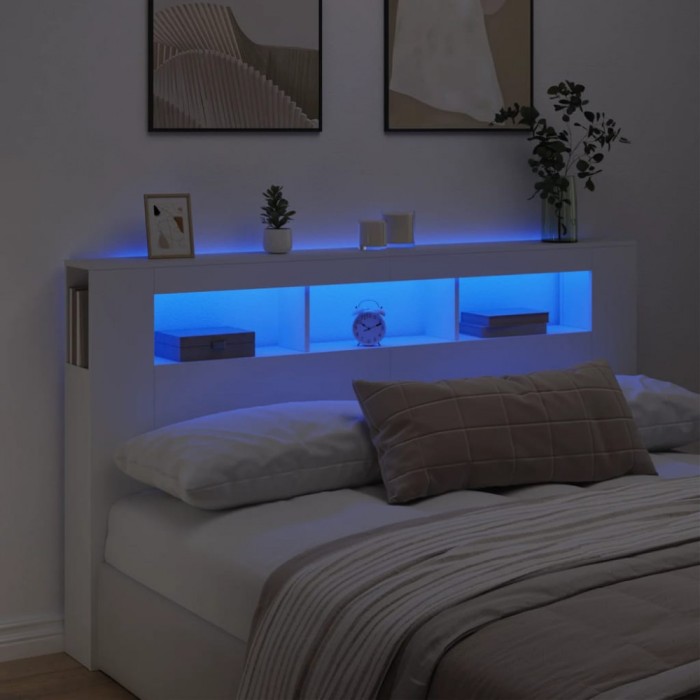 vidaXL Tăblie de pat cu LED, alb, 180x18,5x103,5 cm, lemn 837358