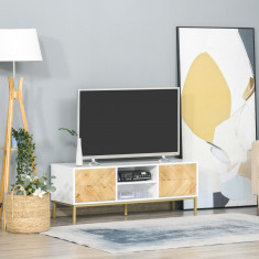 HOMCOM Mobilier Suport TV Modern cu 2 Dulapioare si Compartiment Central, Dulapior Scund pentru TV de pana la 60&amp;quot;, Alb si Culoare Lemn, 120x40x44,6cm foto