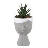 Ghiveci decorativ din ceramica, Herum&reg;, cu design, floare si pietre decorative, Gri, 8 x 18 cm
