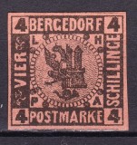 ✅ (S45) Germania veche - Bergedorf 1861 &quot; Stema &quot; 4 S , Michel nr. 5 , posibila reimpresiune Moens , negumat
