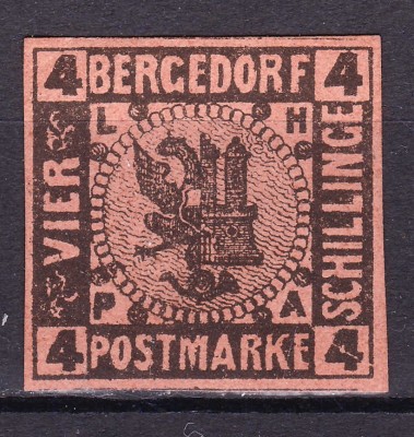 ✅ (S45) Germania veche - Bergedorf 1861 &amp;quot; Stema &amp;quot; 4 S , Michel nr. 5 , posibila reimpresiune Moens , negumat foto