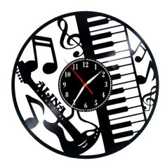 Ceas de Perete Decorativ &ldquo;Musical Harmony&rdquo;, din Disc Vinil Reciclat, Design Pian și Note Muzicale, Negru, Mecanism Silențios (Sweep), 30 cm(personaliz