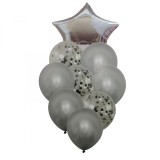 Buchet 9 baloane din latex cu confetti Magic Star Silver