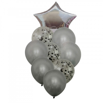 Buchet 9 baloane din latex cu confetti Magic Star Silver foto