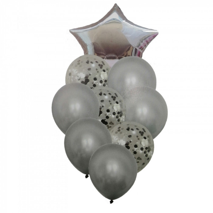 Buchet 9 baloane din latex cu confetti Magic Star Silver