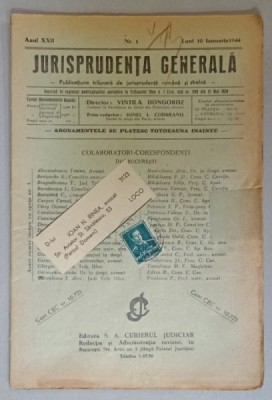 JURISPRUDENTA GENERALA , PUBLICATIUNE TRILUNARA DE JURISPRUDENTA ROMANA SI STRAINA , NR. 1, 1944 foto