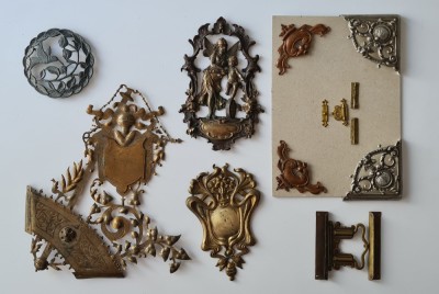 Lot Ornament Placheta Decoratie Paftala arta stil Baroc Art Nouveau Jugendstil, balama inchizatoare coltar pt album foto antic carte legatorie piele foto