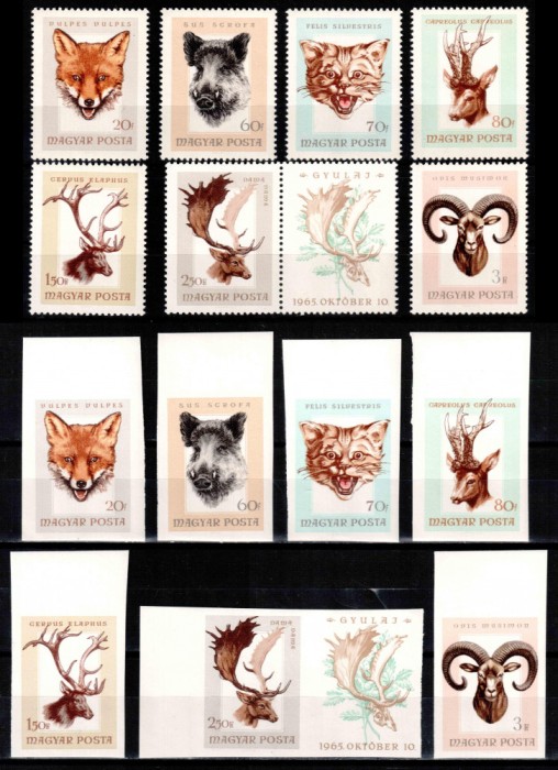 Ungaria 1966, Mi #2255-2261 A+B**, dant + ned, fauna, trofee de vanatoare, MNH. Cota 94,- &euro;!