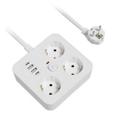 Prelungitor Multifunctional pentru Birou, Flippy, 3 Prize, 2 USB-A, 2 TYPE-C, Suport pentru Telefon, 3250W, Lungime Cablu 2 m, 11.4 x 12.4 cm, Alb