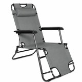 Sezlong pliabil tip scaun, pentru camping sau plaja, cotiere PVC, tetiera detasabila, 153x60x79 cm